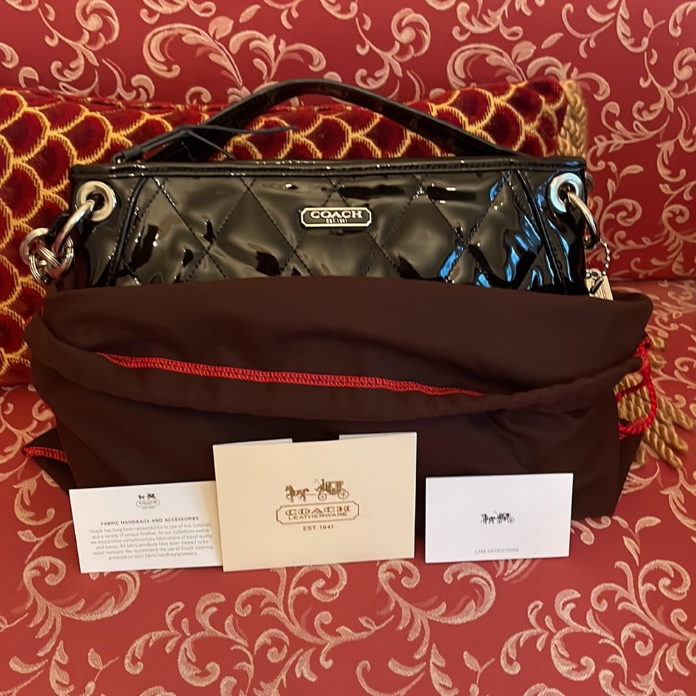 Black Patent Leather Coach Bag with  Handle and Removable Crossbody Strap